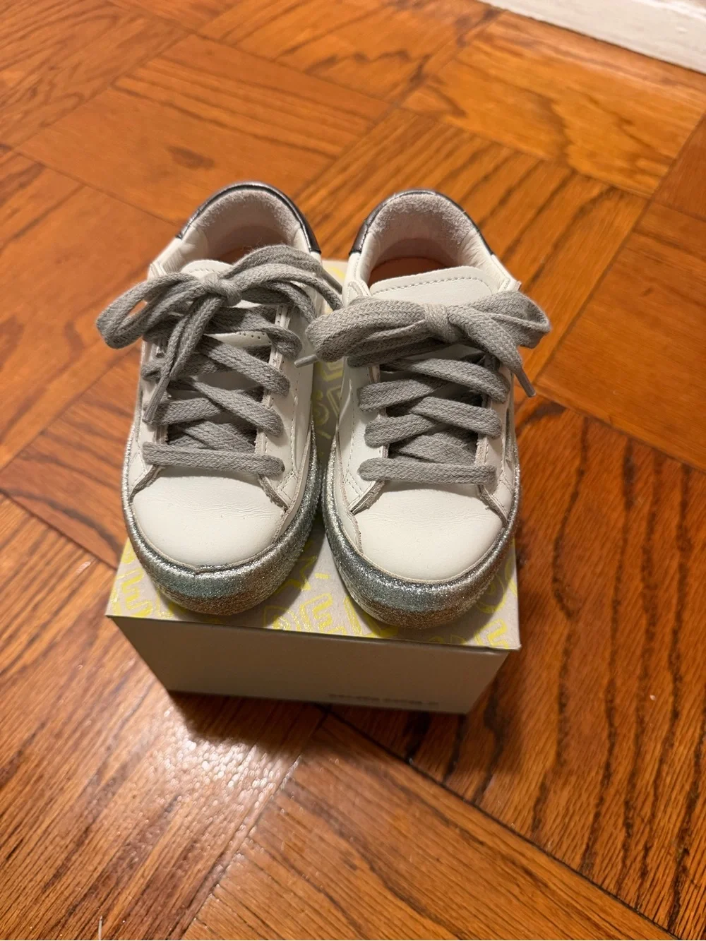 New - Golden Goose Kids White Sneakers with Silver Glitter Trim